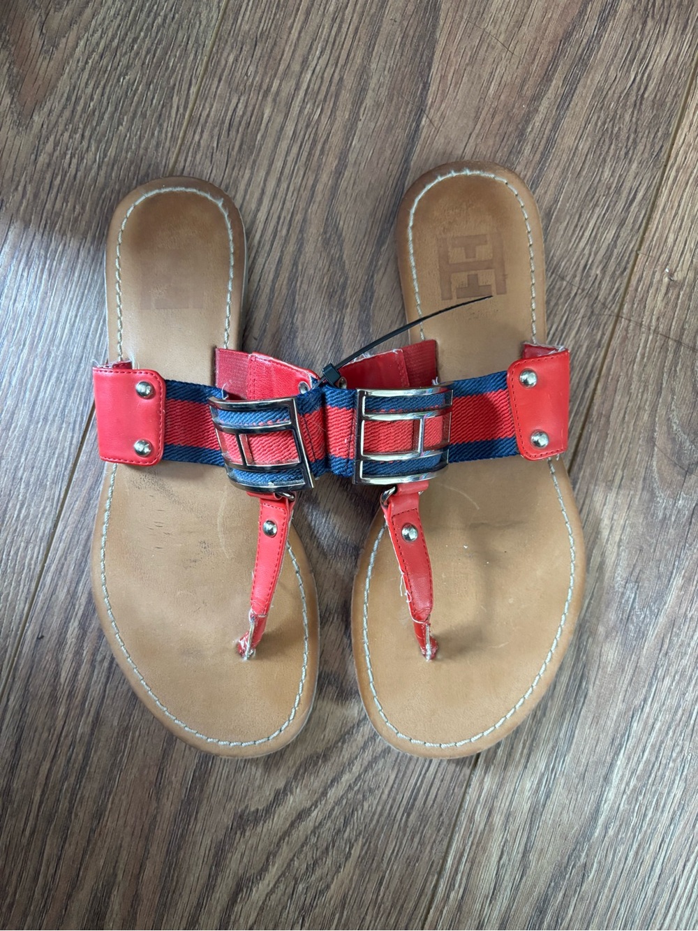 Tommy Hilfiger Red and Navy Striped Women’s Thong Sandals